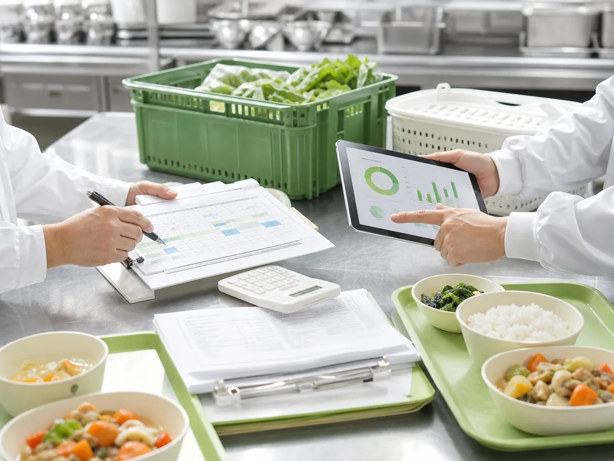 給食事業の資料と献立を確認する様子