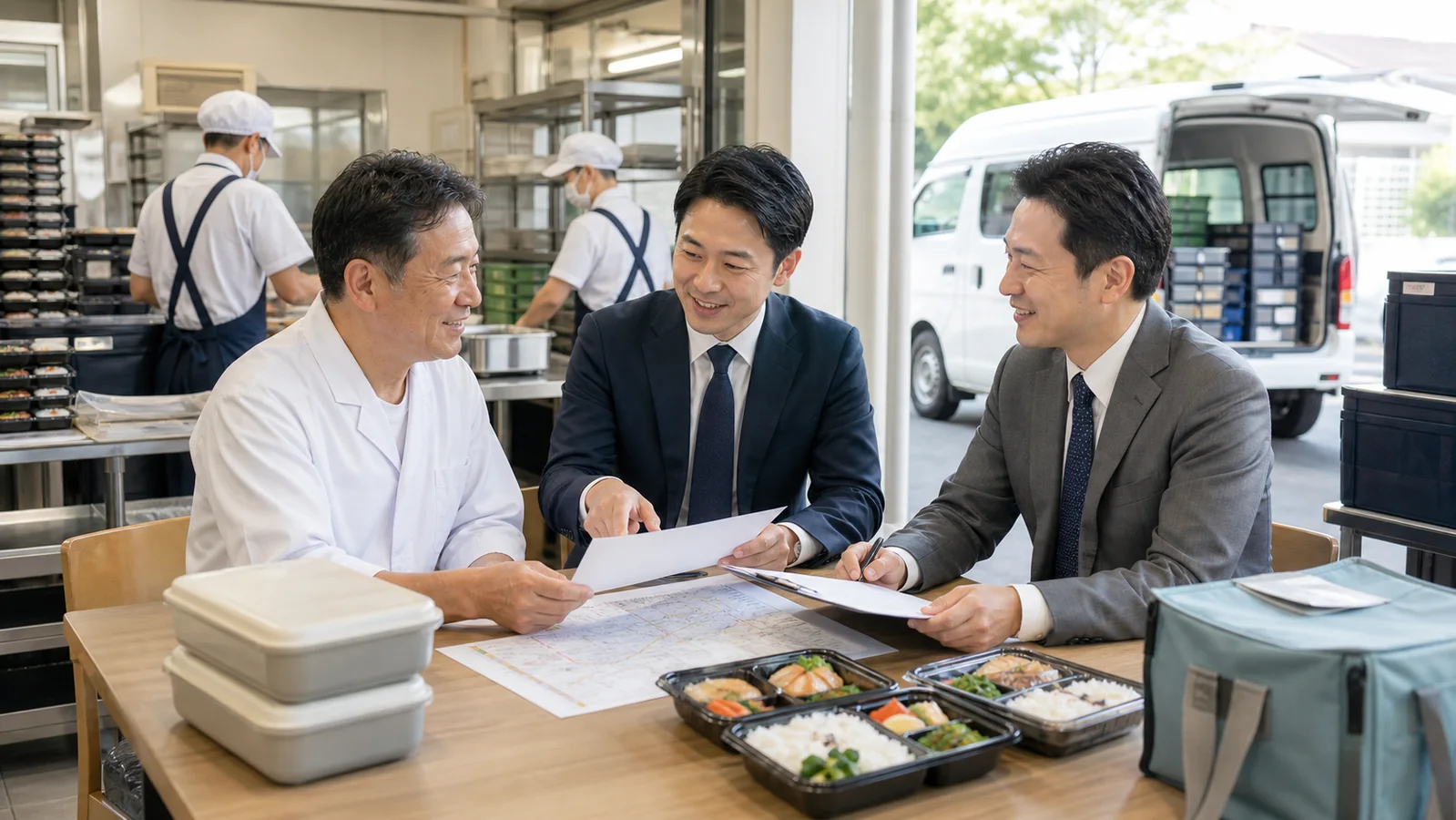 弁当配食事業の配送コースと回収容器を整理して承継する打ち合わせ