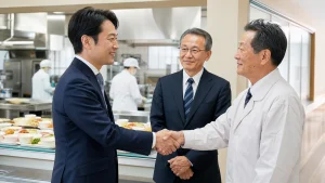 学校給食の承継に向けて地場食品会社と打ち合わせる経営者