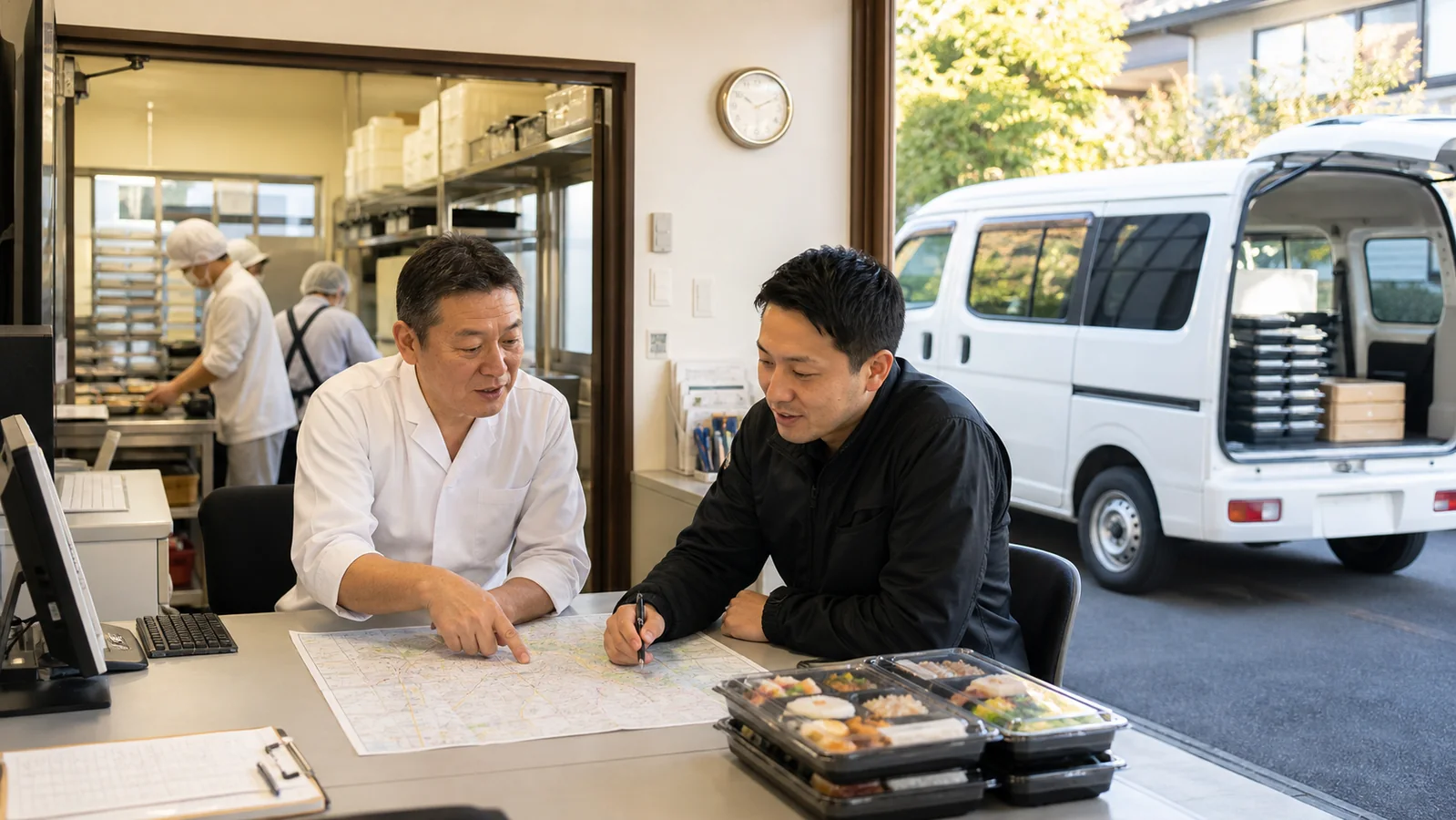 弁当配送ルートとスタッフ体制を確認する給食会社の打ち合わせ