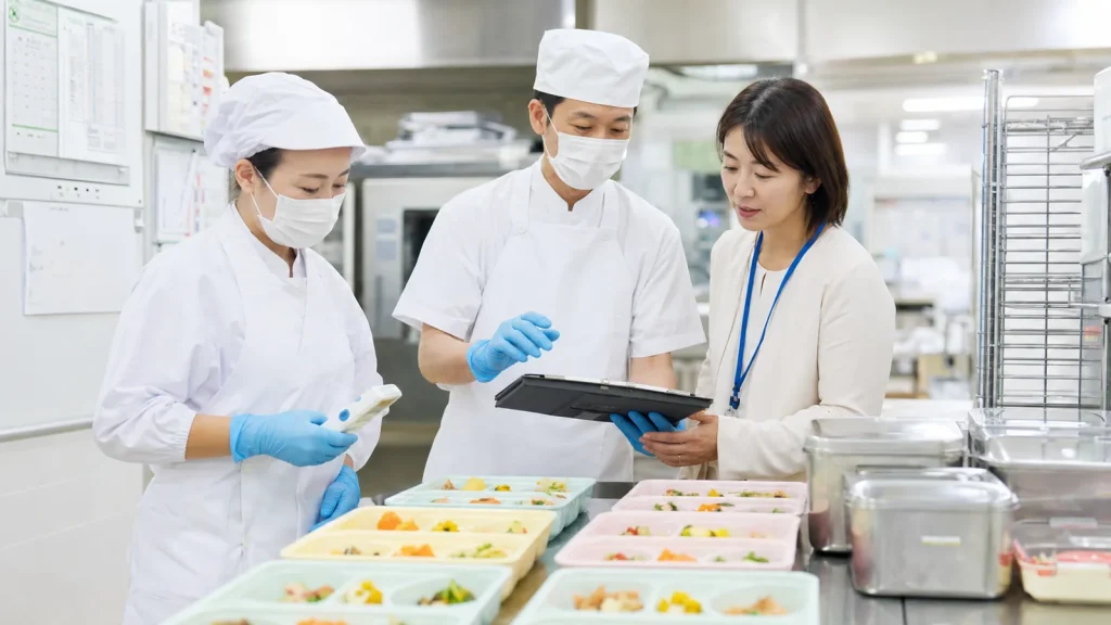 給食現場の衛生記録とアレルギー対応資料を確認するスタッフ