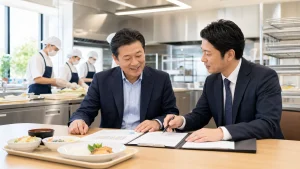給食会社の予定食数資料と厨房余力を確認する打ち合わせ風景
