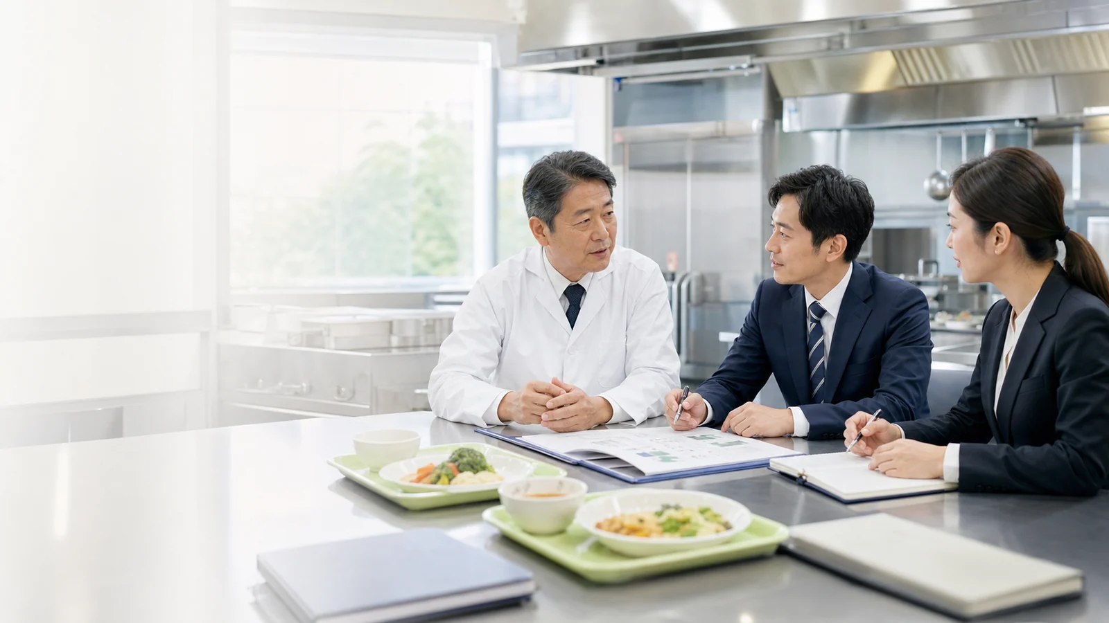 給食会社の厨房で事業承継資料を確認する経営者とM&Aアドバイザー