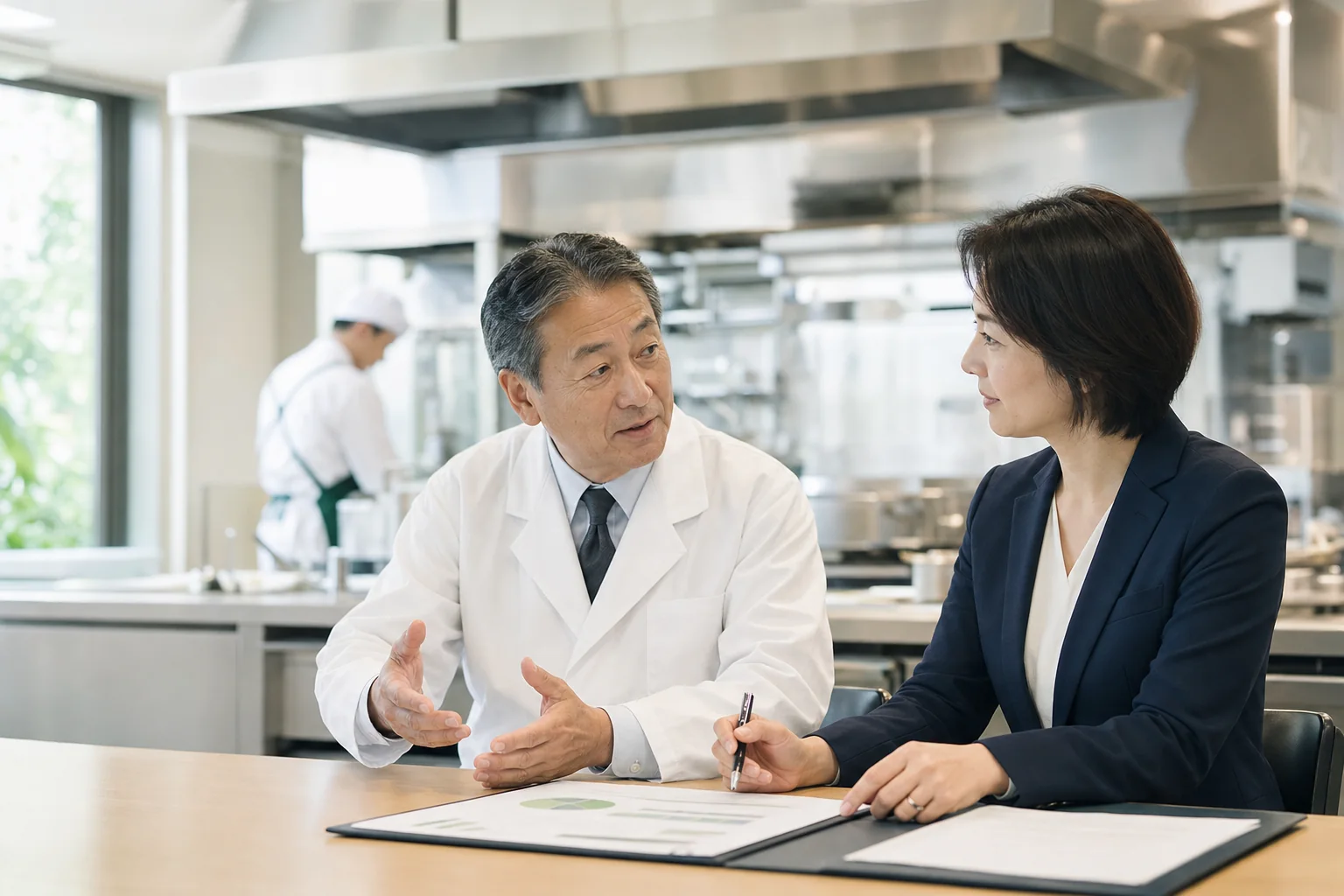給食会社の経営者とM&Aアドバイザーが事業承継を相談する様子