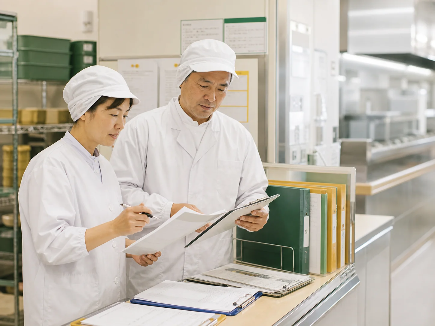 給食現場で食数と衛生記録を確認する様子