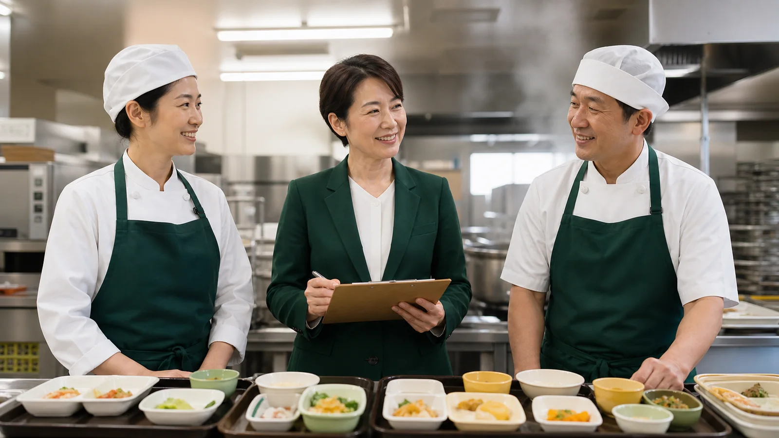 給食事業の責任者と調理スタッフが提供計画を確認する様子