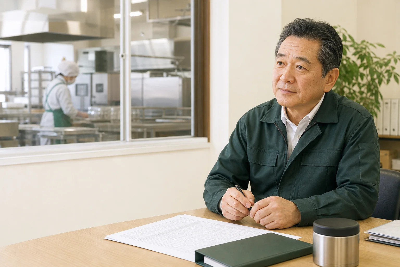 給食会社の経営者が事業承継の選択肢を検討する様子