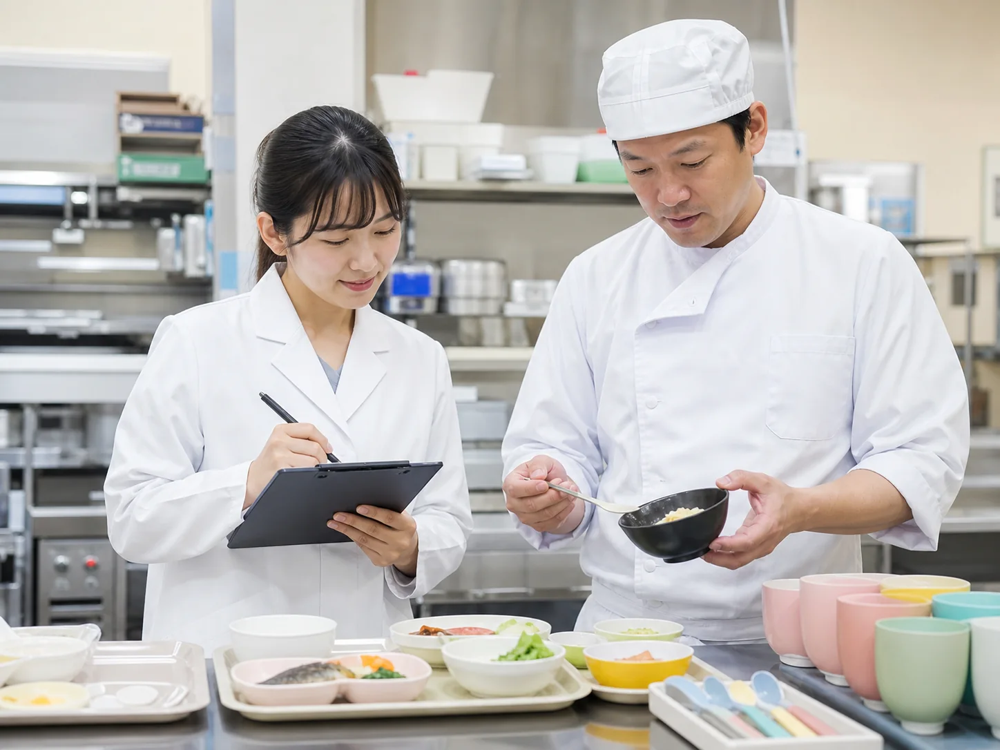 管理栄養士と調理師が病院・介護施設向けの食事を確認する様子