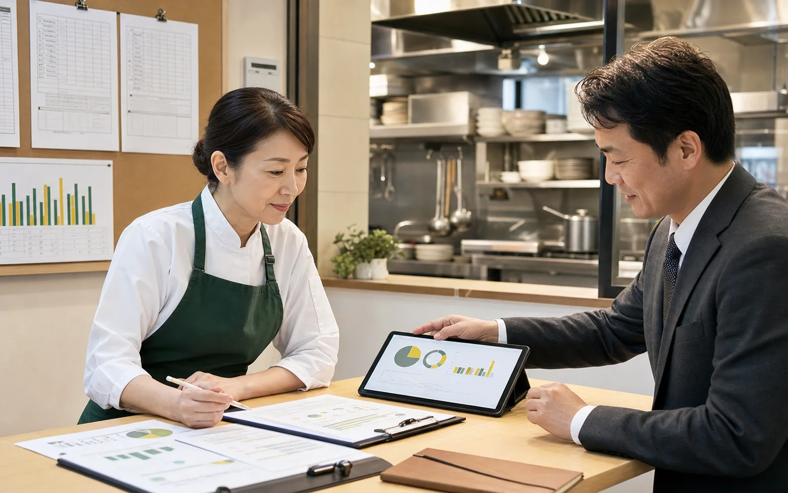 給食会社の運営資料を確認する経営者と担当者